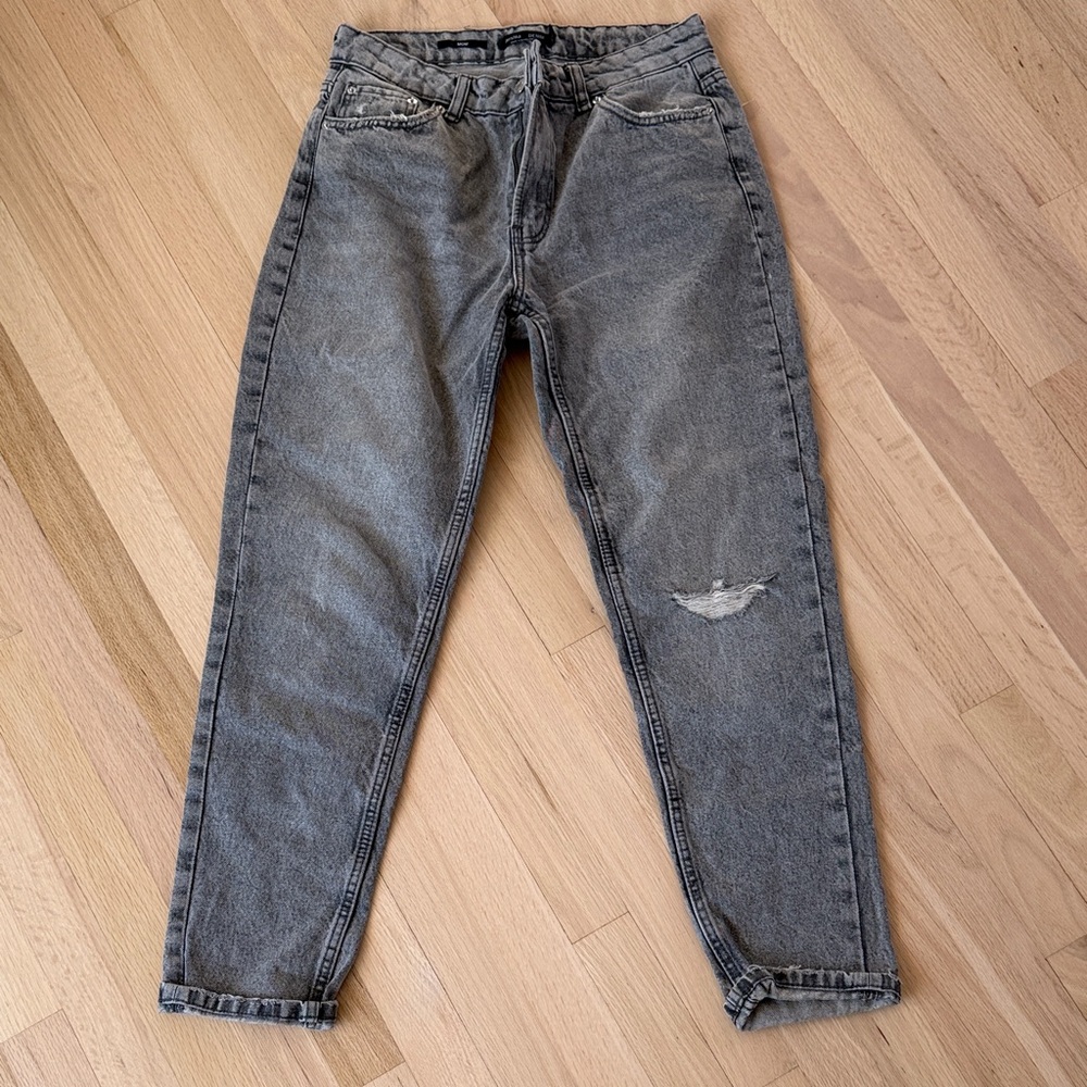 Bershka Women's Gray Distressed Mom Jeans